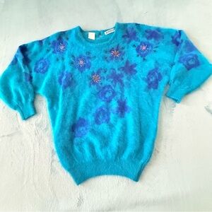 Vintage Mariea Kim Teal Blue Angora Blend Floral Beaded Sweater Size L